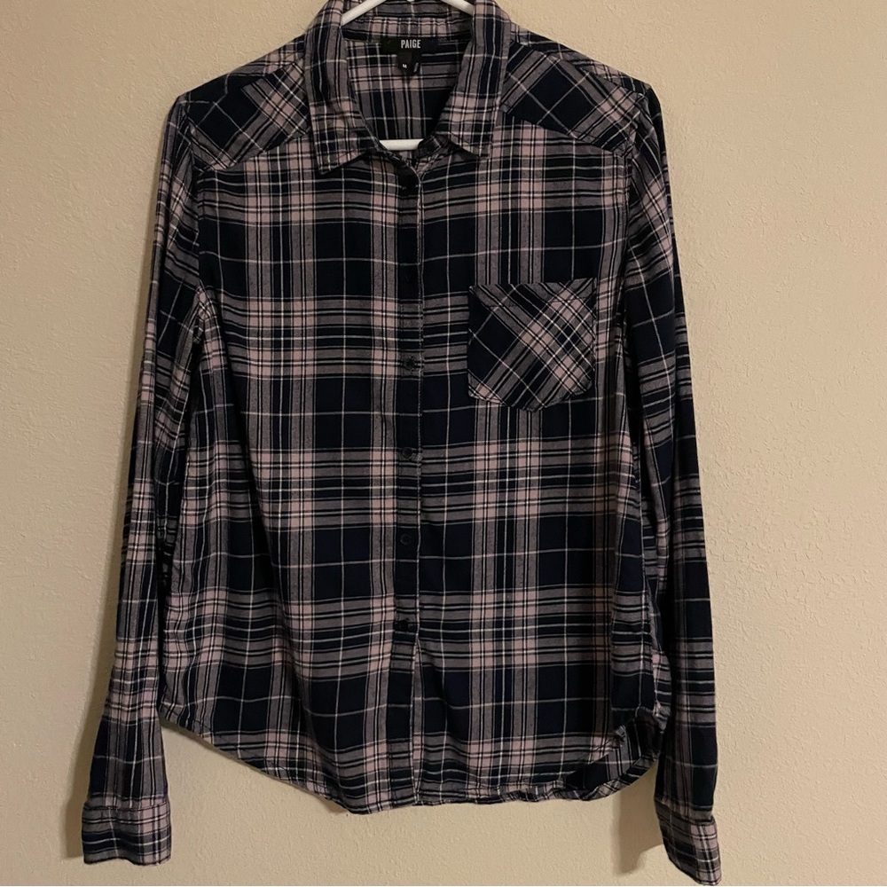 PAIGE Blue/Pink Plaid Button Down Cotton Shirt Size Medium